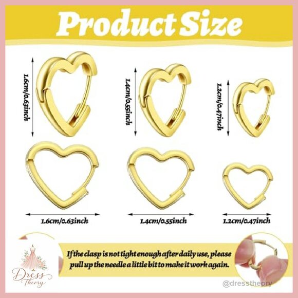 3 Pairs Heart Huggie Hoop Earrings 12mm 14mm 16mm Copper - Picture 3 of 8